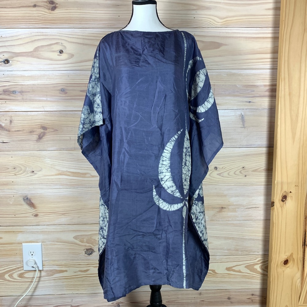 Sasha Kaftan Dress Women OS Blue Batik 100% Silk Oversized Boho Midi India